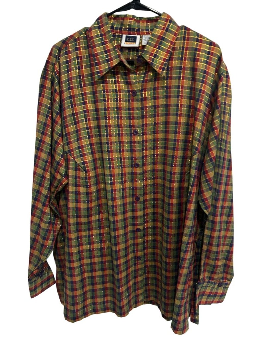 C.S.T. Sport 2X Button Down Shirt Multicolor Plaid Check Retro Maximalist